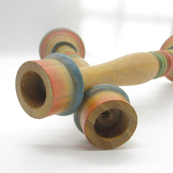 Vintage 80s Wooden Striped Hand-Turned Candle Holders Set Of 2 - Picture 6 of 9